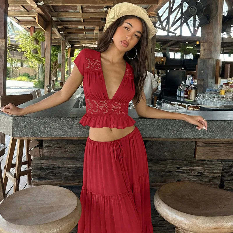 Floral Lace Two-Piece Skirt Set for Women – V-Neck Belted A-Line Summer Outfit