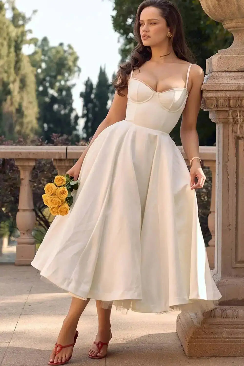 Satin Strapless Midi Dress for Women – Waist Cinching Party Dress