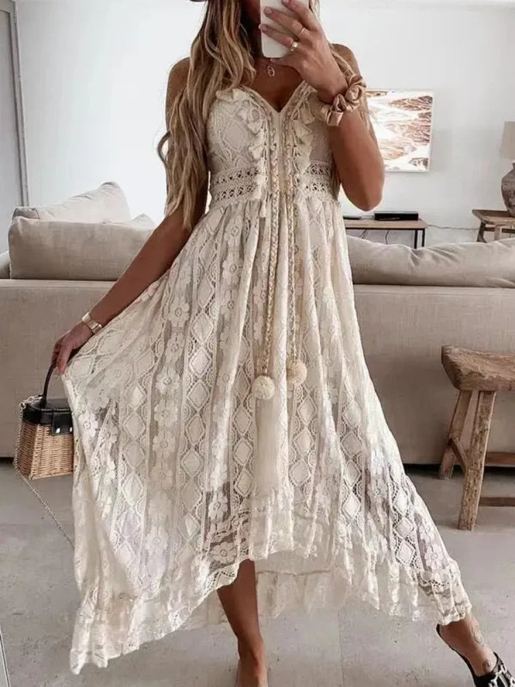 Lace V-Neck Sleeveless Maxi Beach Dress for Women – Hollow Out Summer Dress