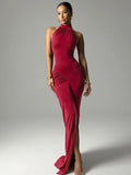 Halter Ruched Sleeveless Maxi Dress for Women – High Waist Split Evening Gown