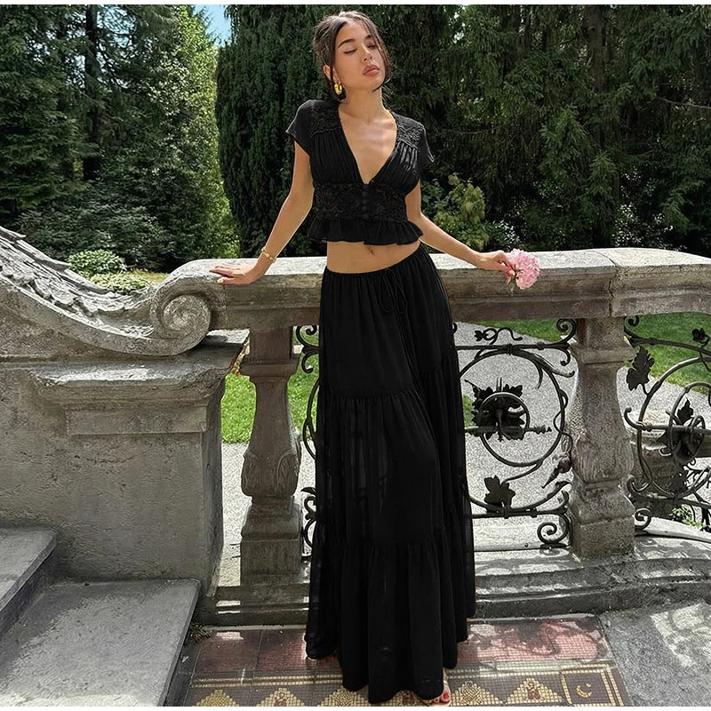 Floral Lace Two-Piece Skirt Set for Women – V-Neck Belted A-Line Summer Outfit