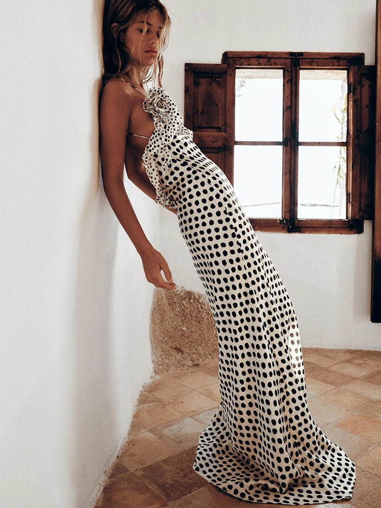 Polka Dot Spaghetti Strap Maxi Dress for Women – Backless Print Evening Gown