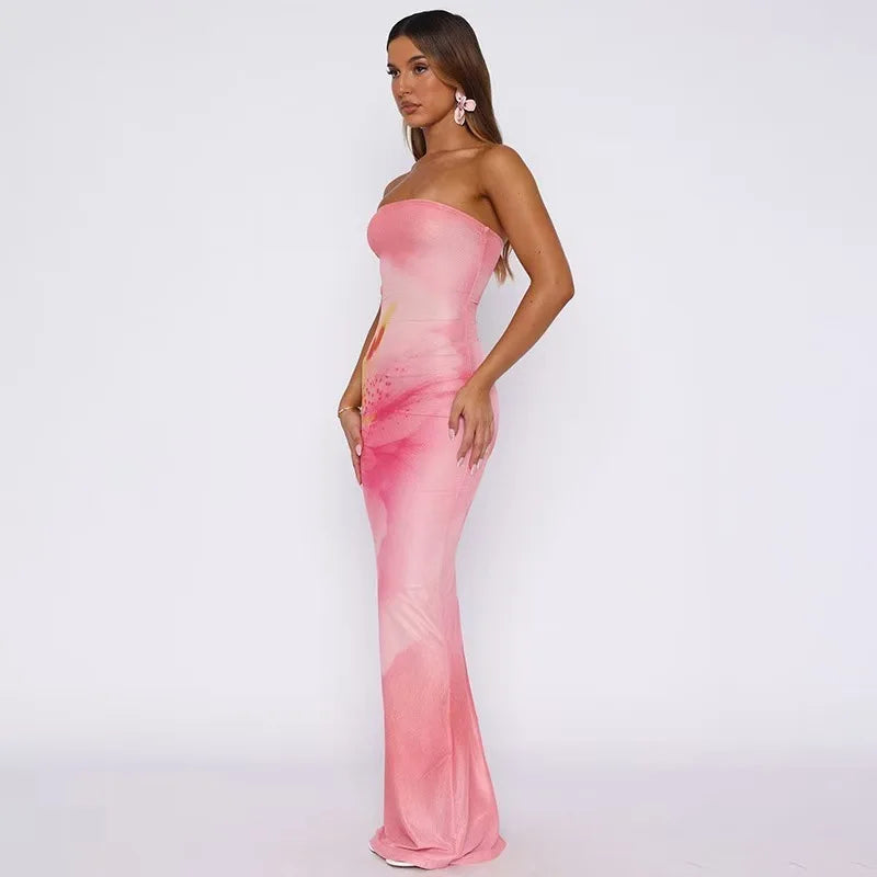 Floral Print Strapless Backless Maxi Dress for Women – Summer Beach Holiday Dress