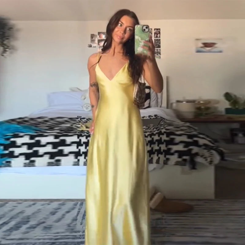 Satin Backless Maxi Dress for Women – V-Neck Slip Evening Gown – Yellow