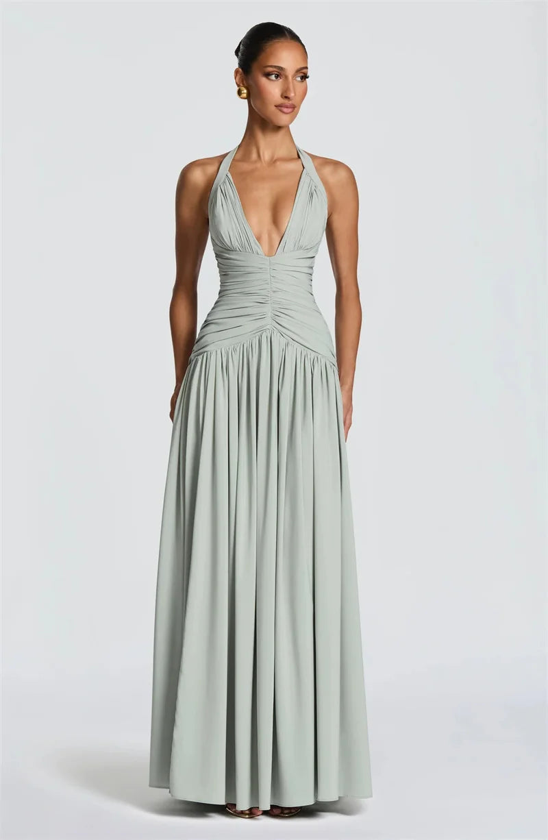 Halter V-Neck Pleated Maxi Dress for Women – Off-Shoulder High Split Evening Gown