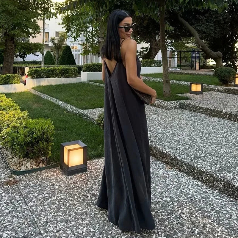 Slip Backless Draped Maxi Dress for Women – Spaghetti Strap Summer Beach Dress