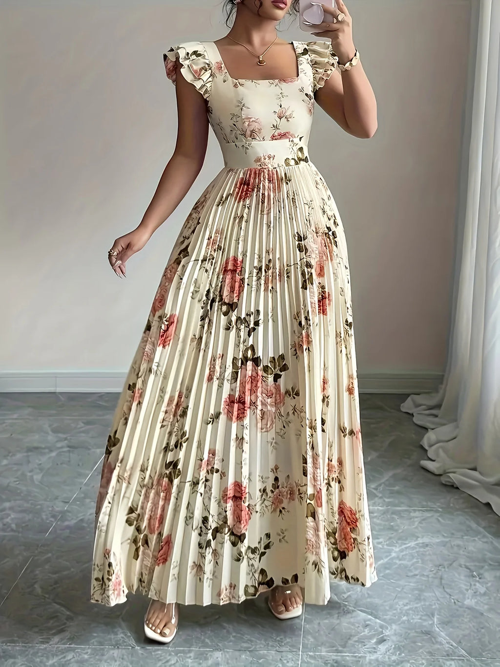 Floral Pleated Ruffle Midi Dress for Women – Square Neck High Waist Party Dress