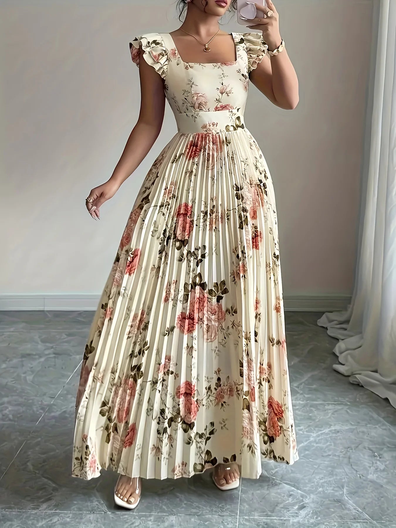 Floral Pleated Ruffle Midi Dress for Women – Square Neck High Waist Party Dress