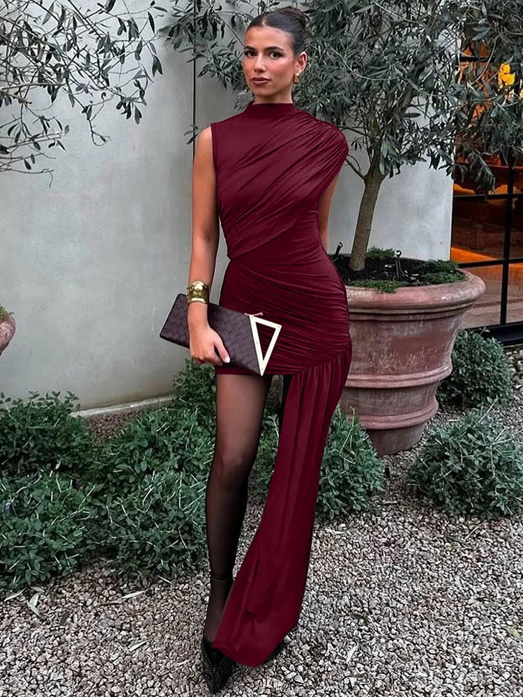 Draped Ruched Turtleneck Mini Dress for Women – Sleeveless Bodycon Party Dress