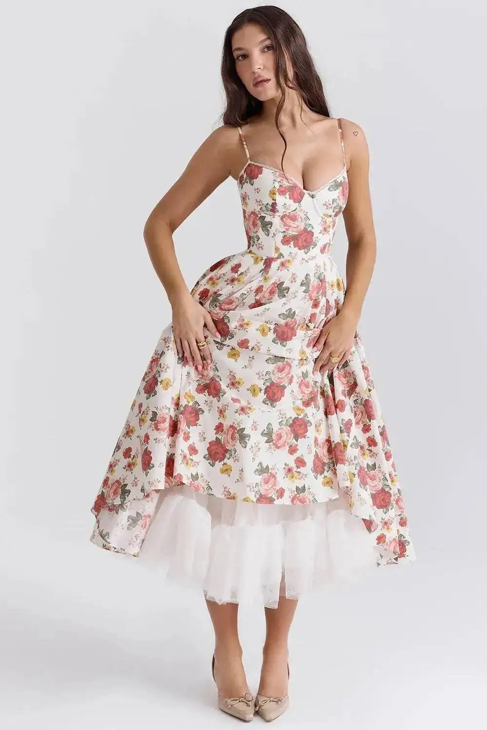 Satin Strapless Midi Dress for Women – Waist Cinching Party Dress
