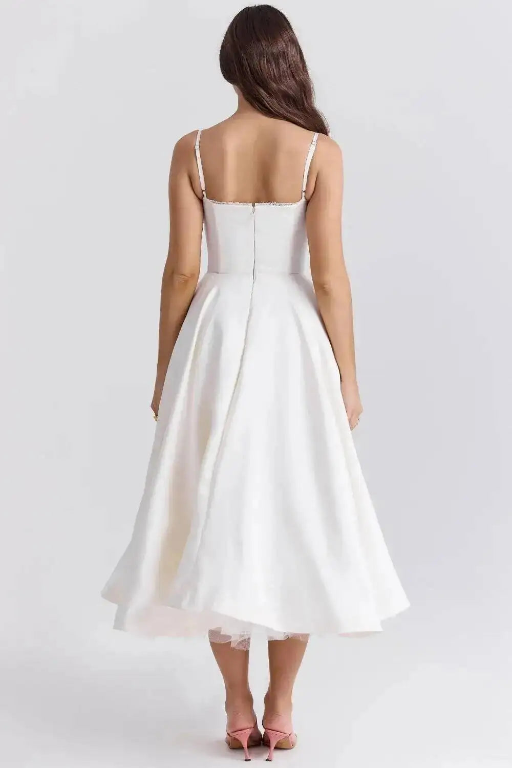 Satin Strapless Midi Dress for Women – Waist Cinching Party Dress