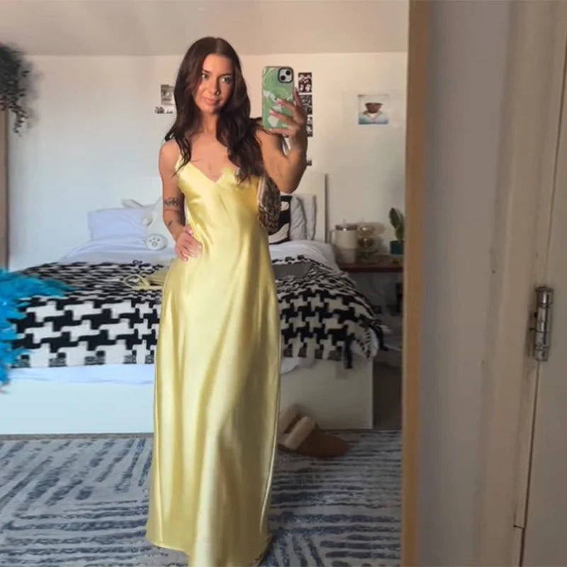 Satin Backless Maxi Dress for Women – V-Neck Slip Evening Gown – Yellow