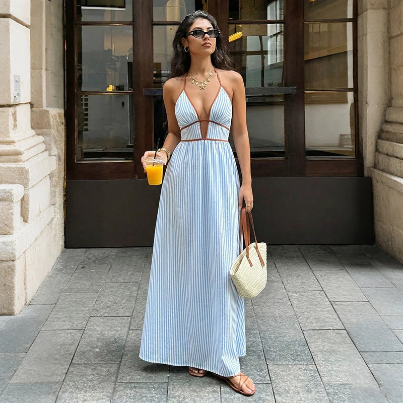 Off-Shoulder Hollow Out Maxi Beach Dress for Women – Sleeveless Backless Dress