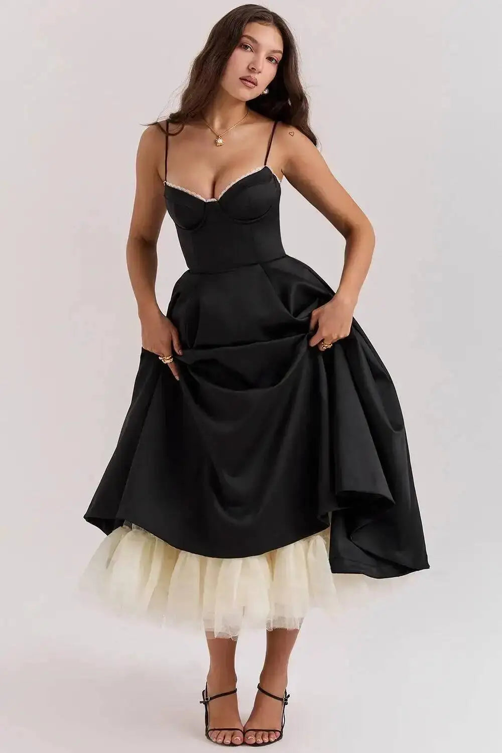 Satin Strapless Midi Dress for Women – Waist Cinching Party Dress