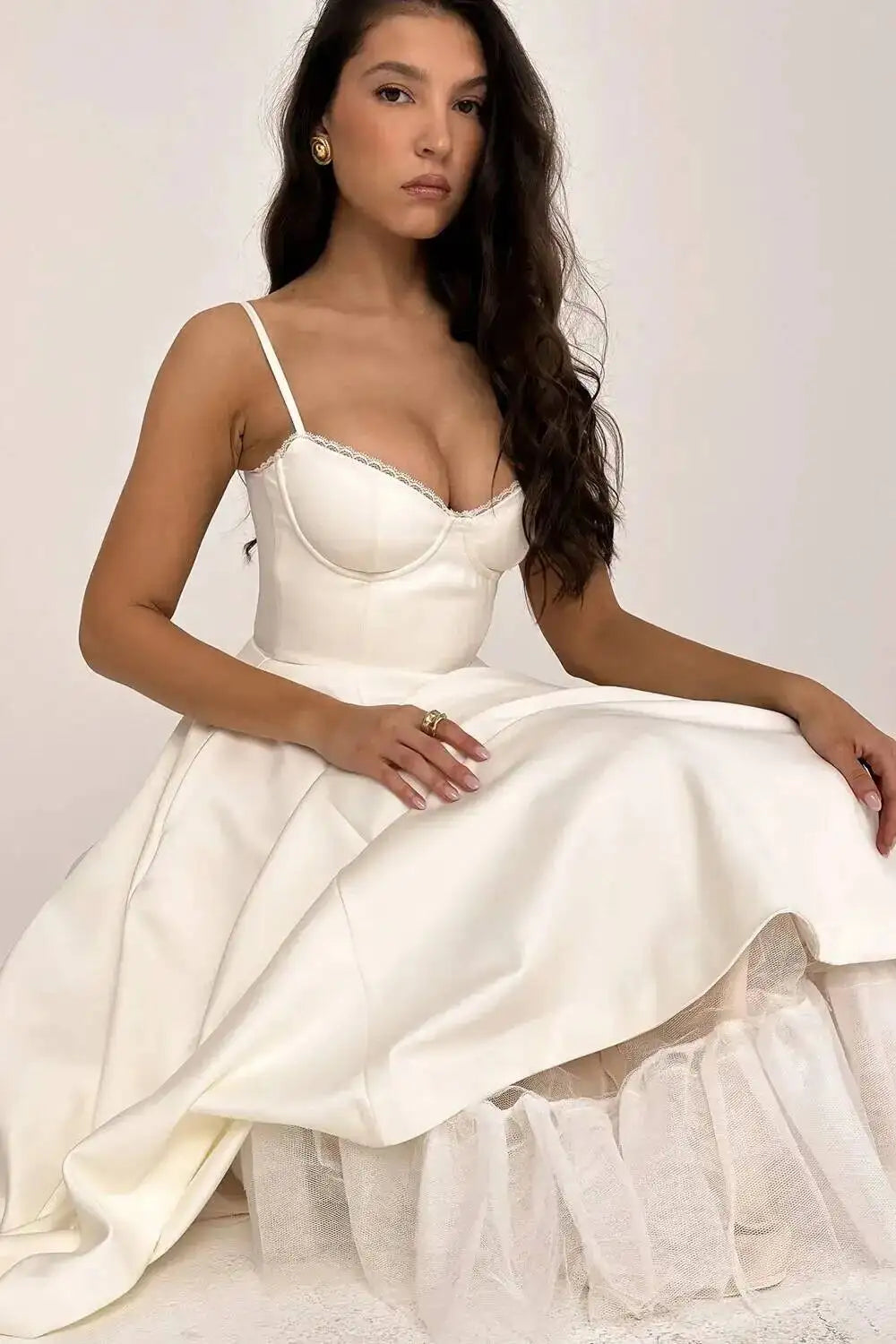 Satin Strapless Midi Dress for Women – Waist Cinching Party Dress