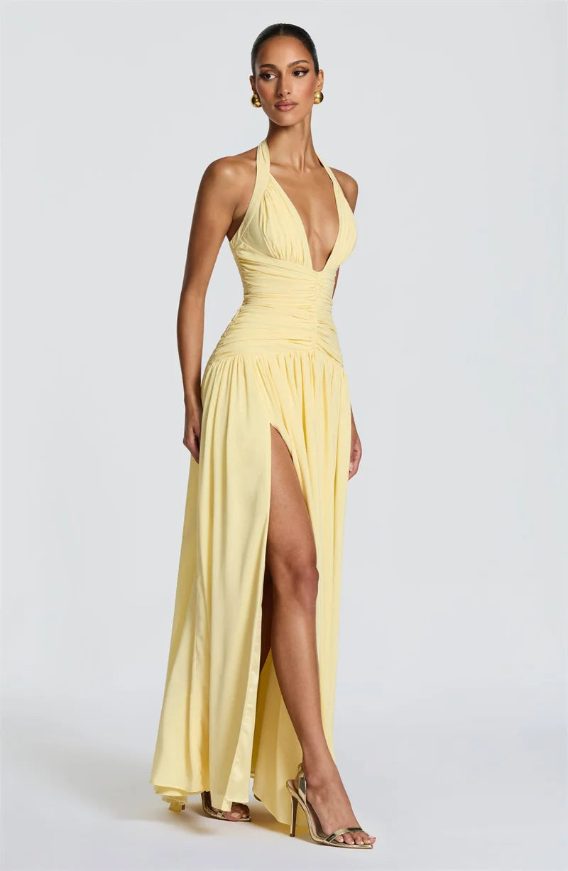Halter V-Neck Pleated Maxi Dress for Women – Off-Shoulder High Split Evening Gown