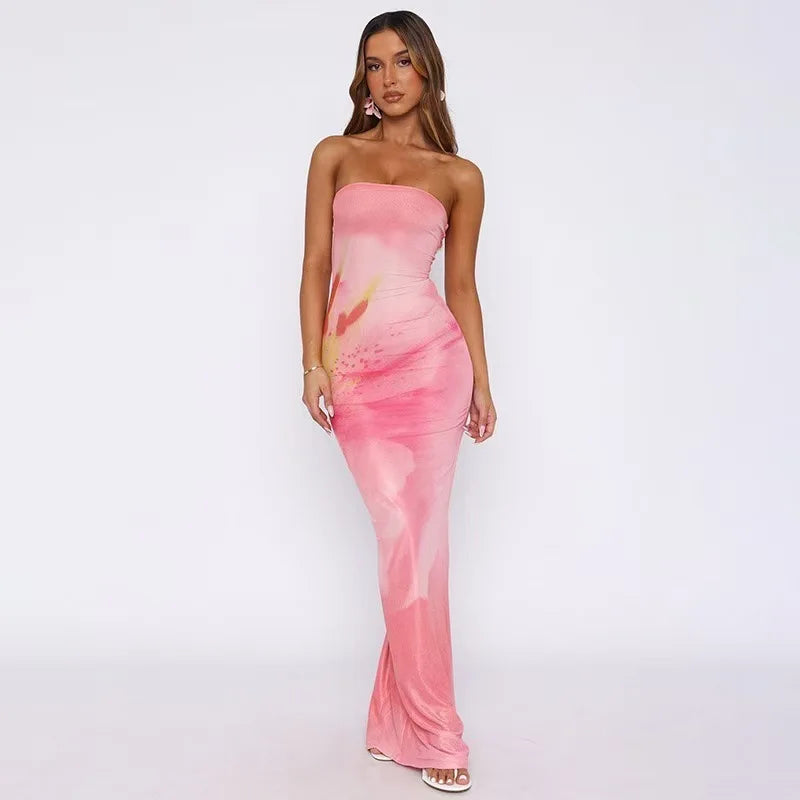 Floral Print Strapless Backless Maxi Dress for Women – Summer Beach Holiday Dress