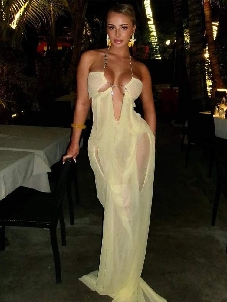 Chain Halter Backless Mini Dress for Women – Sheer Bodycon Party Dress
