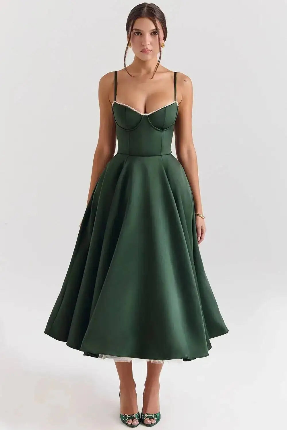 Satin Strapless Midi Dress for Women – Waist Cinching Party Dress