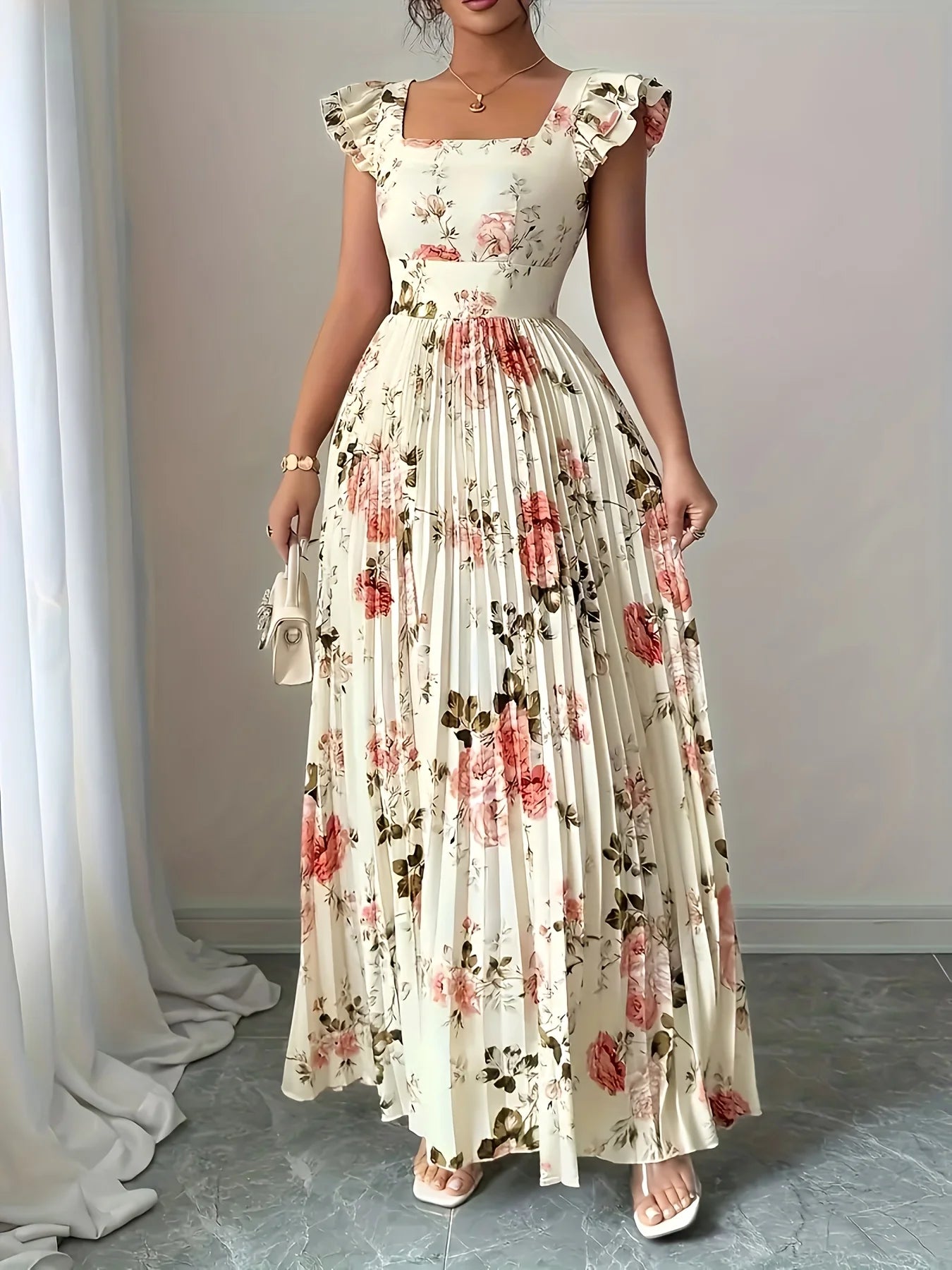 Floral Pleated Ruffle Midi Dress for Women – Square Neck High Waist Party Dress