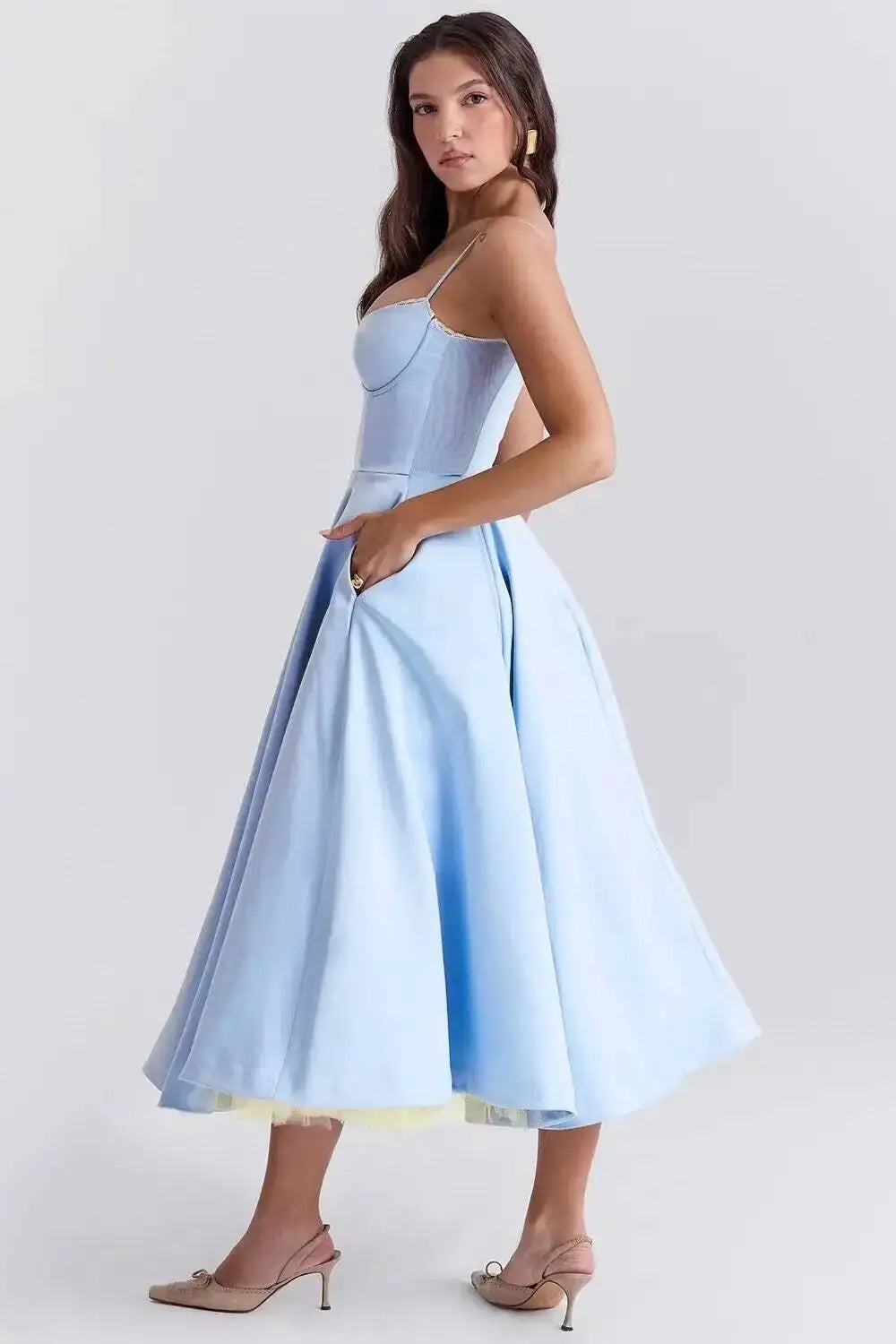 Satin Strapless Midi Dress for Women – Waist Cinching Party Dress