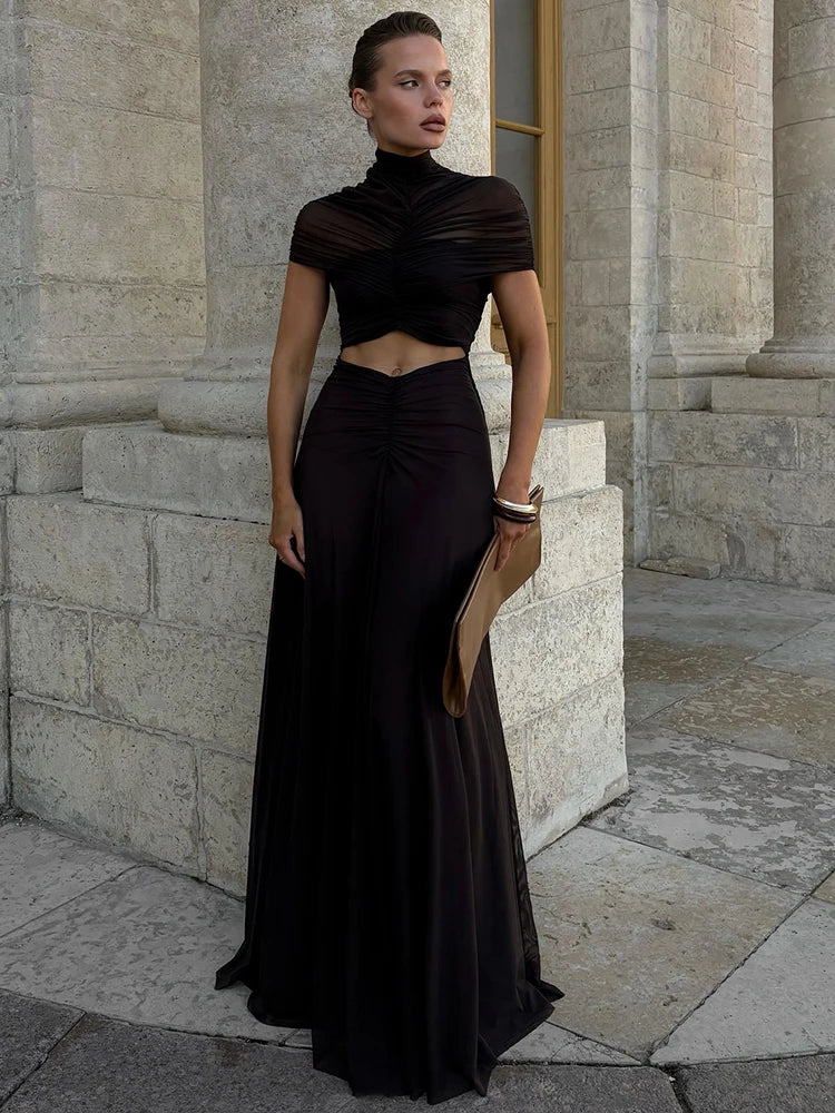 Ruched Hollow Out Bodycon Maxi Dress for Women – Short Sleeve Evening Party Dress
