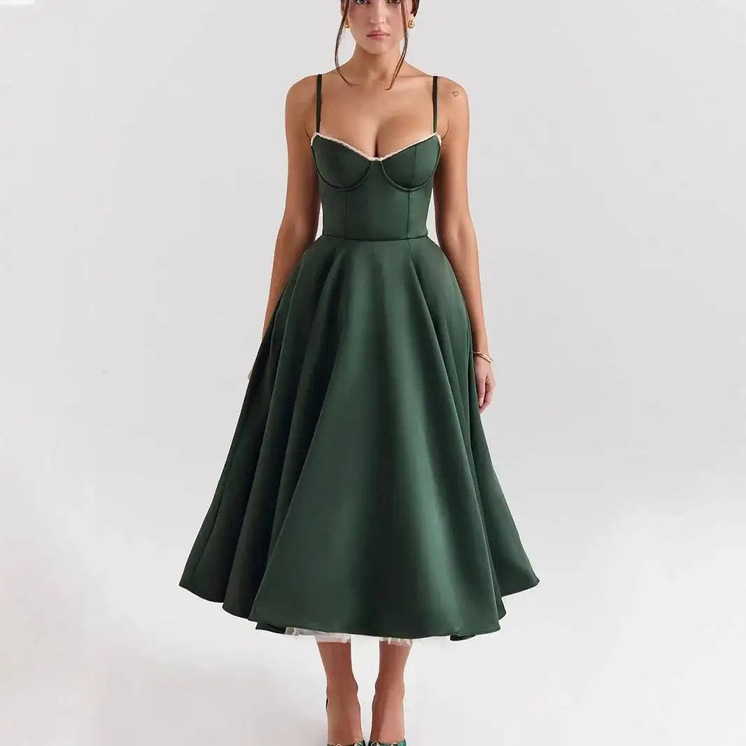 Satin Strapless Midi Dress for Women – Waist Cinching Party Dress