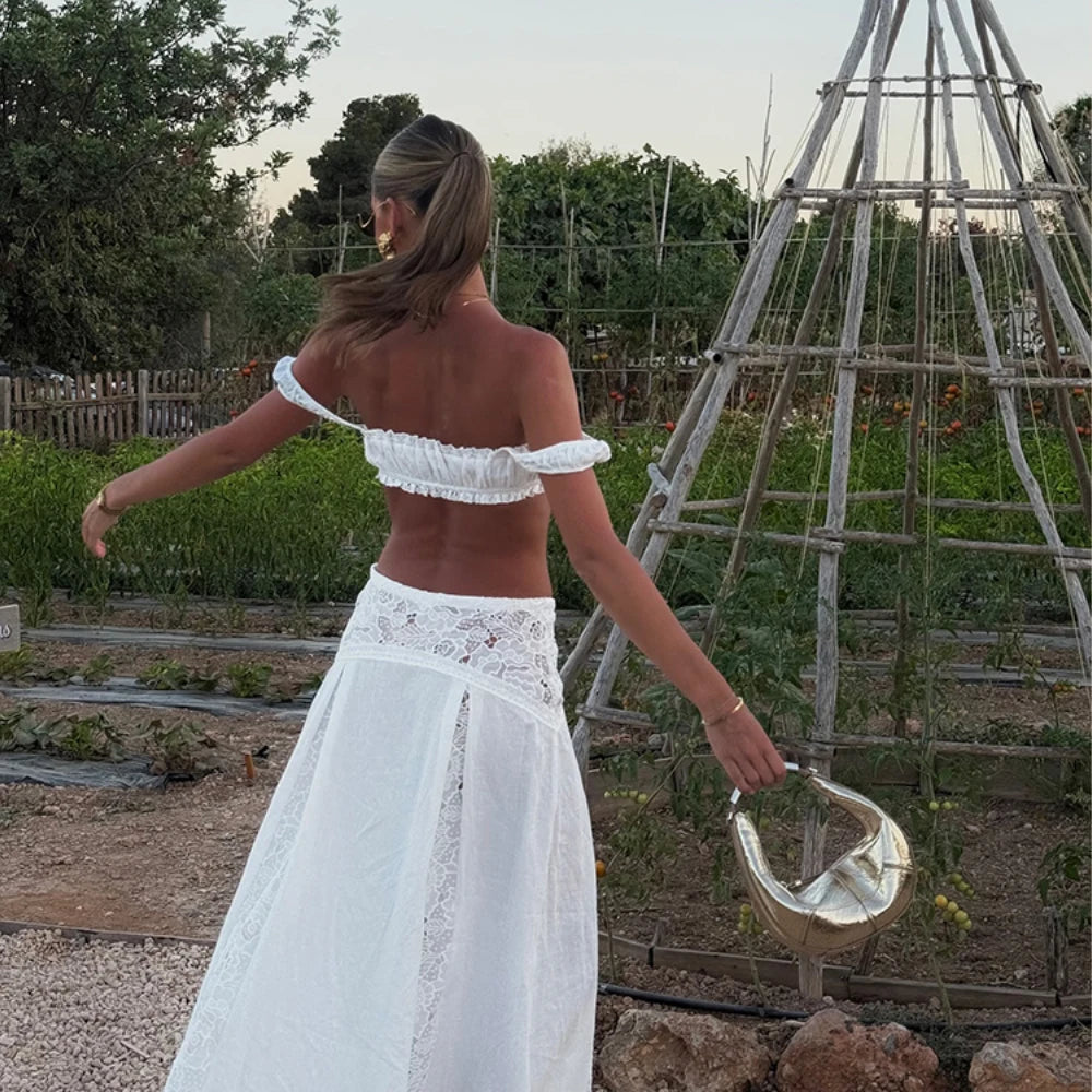 Boho Lace Crop Top and Maxi Skirt Set for Women – Square Neck Two-Piece Vacation Outfit