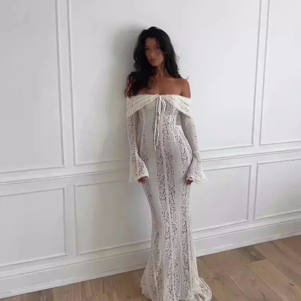 Off-Shoulder Lace Maxi Dress for Women – Long Sleeve Evening Gown