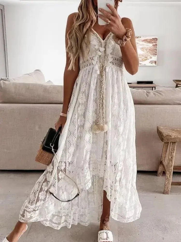 Lace V-Neck Sleeveless Maxi Beach Dress for Women – Hollow Out Summer Dress