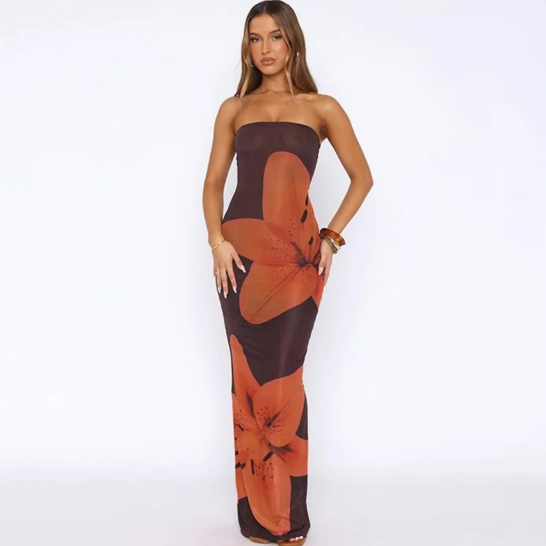 Floral Print Strapless Backless Maxi Dress for Women – Summer Beach Holiday Dress