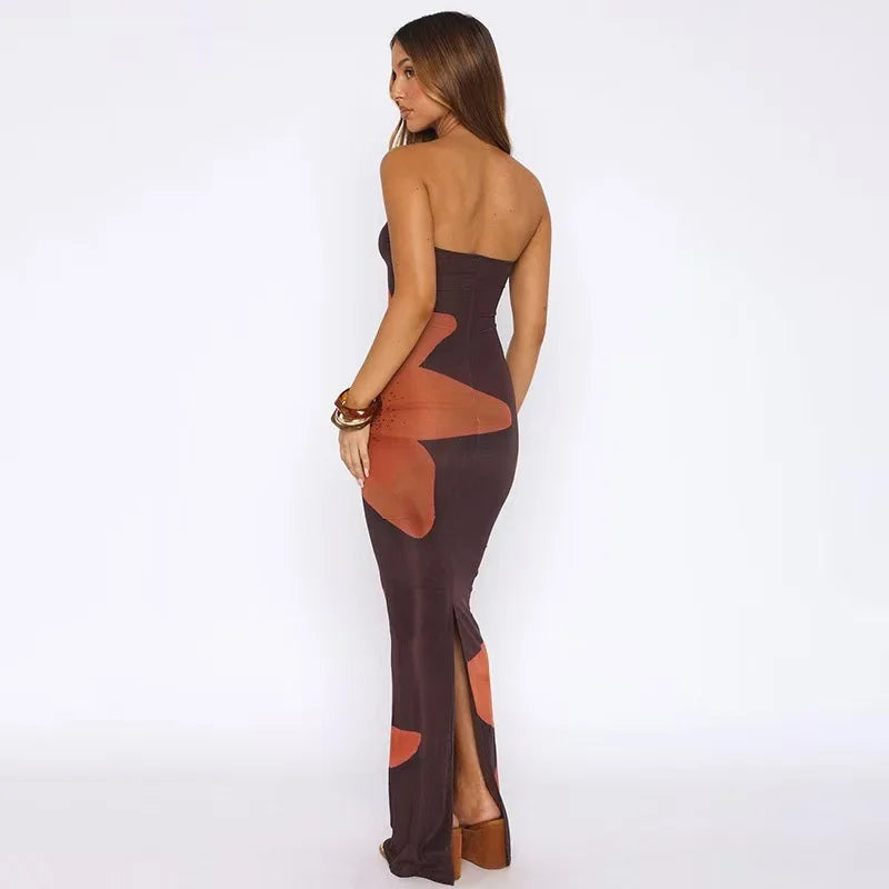 Floral Print Strapless Backless Maxi Dress for Women – Summer Beach Holiday Dress