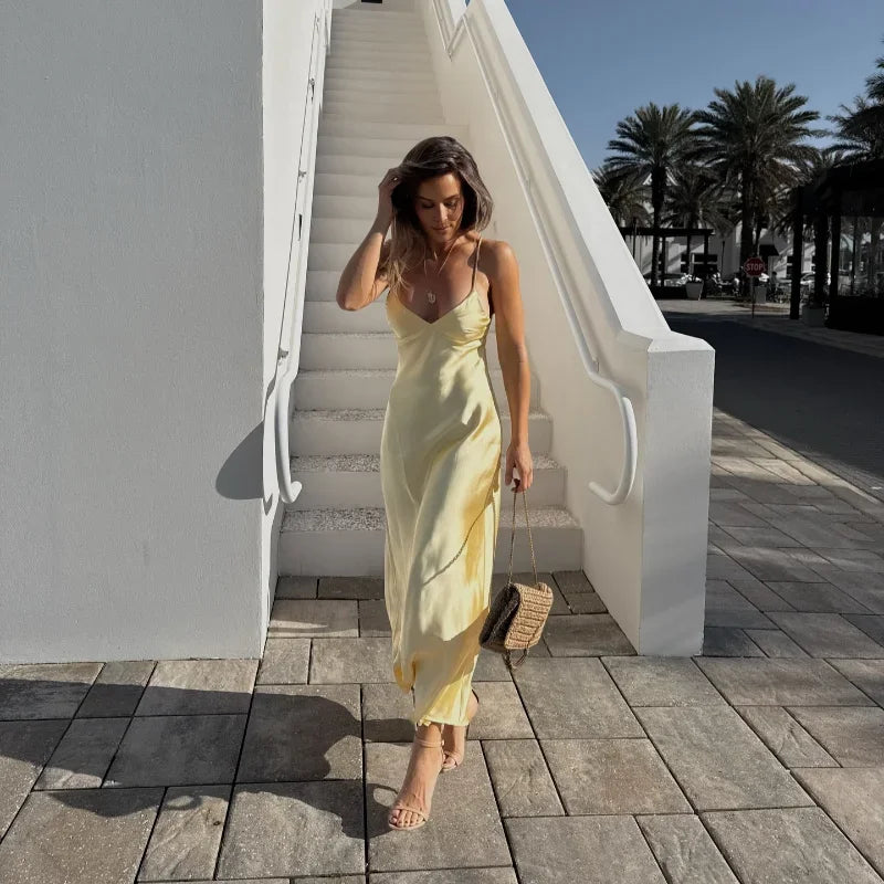 Satin Backless Maxi Dress for Women – V-Neck Slip Evening Gown – Yellow