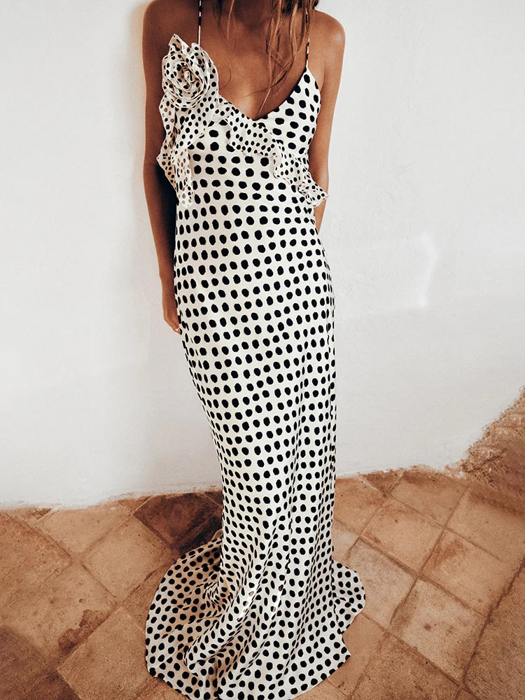 Polka Dot Spaghetti Strap Maxi Dress for Women – Backless Print Evening Gown