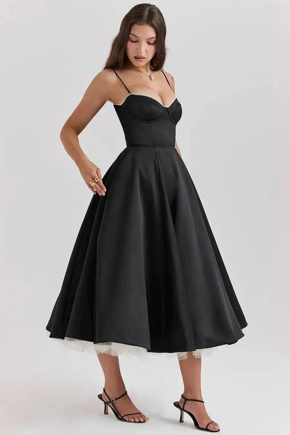 Satin Strapless Midi Dress for Women – Waist Cinching Party Dress