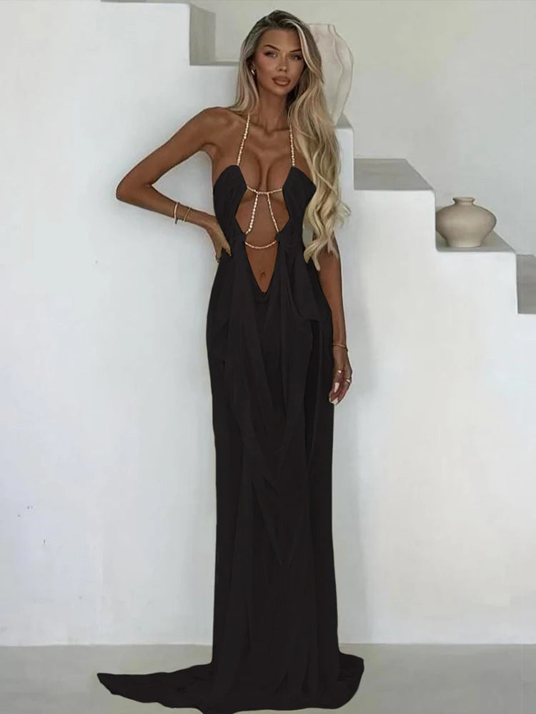Chain Halter Backless Mini Dress for Women – Sheer Bodycon Party Dress