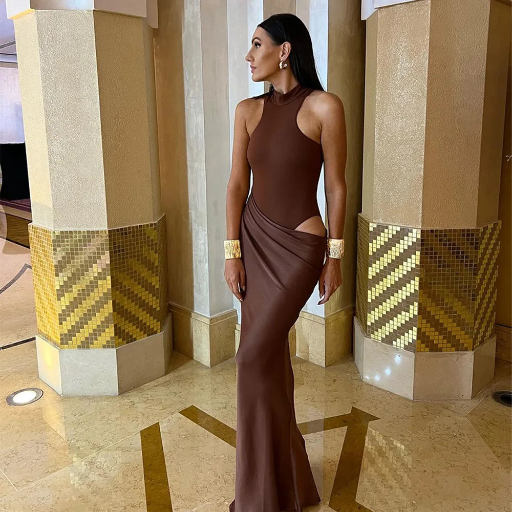 Satin Hollow Out Maxi Dress for Women – Sleeveless High Waist Evening Gown