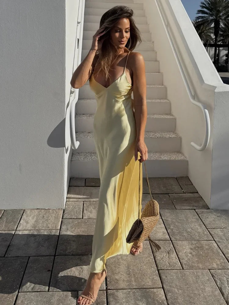 Satin Backless Maxi Dress for Women – V-Neck Slip Evening Gown – Yellow
