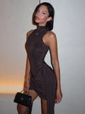 Turtleneck Ruched Sleeveless Mini Dress for Women – Bodycon Club Party Dress