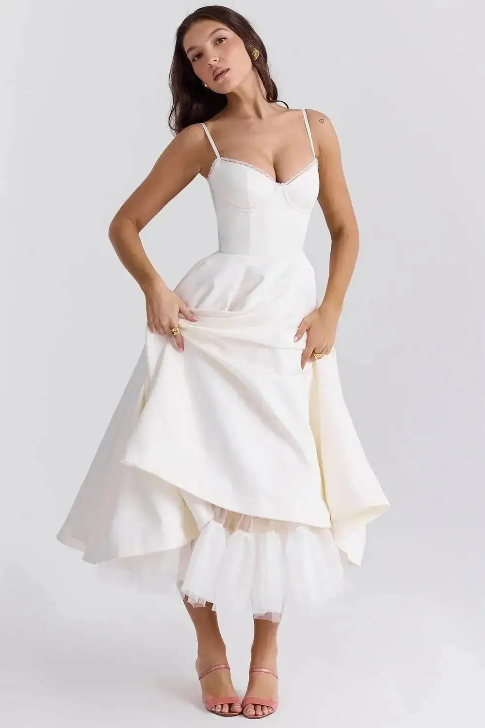 Satin Strapless Midi Dress for Women – Waist Cinching Party Dress