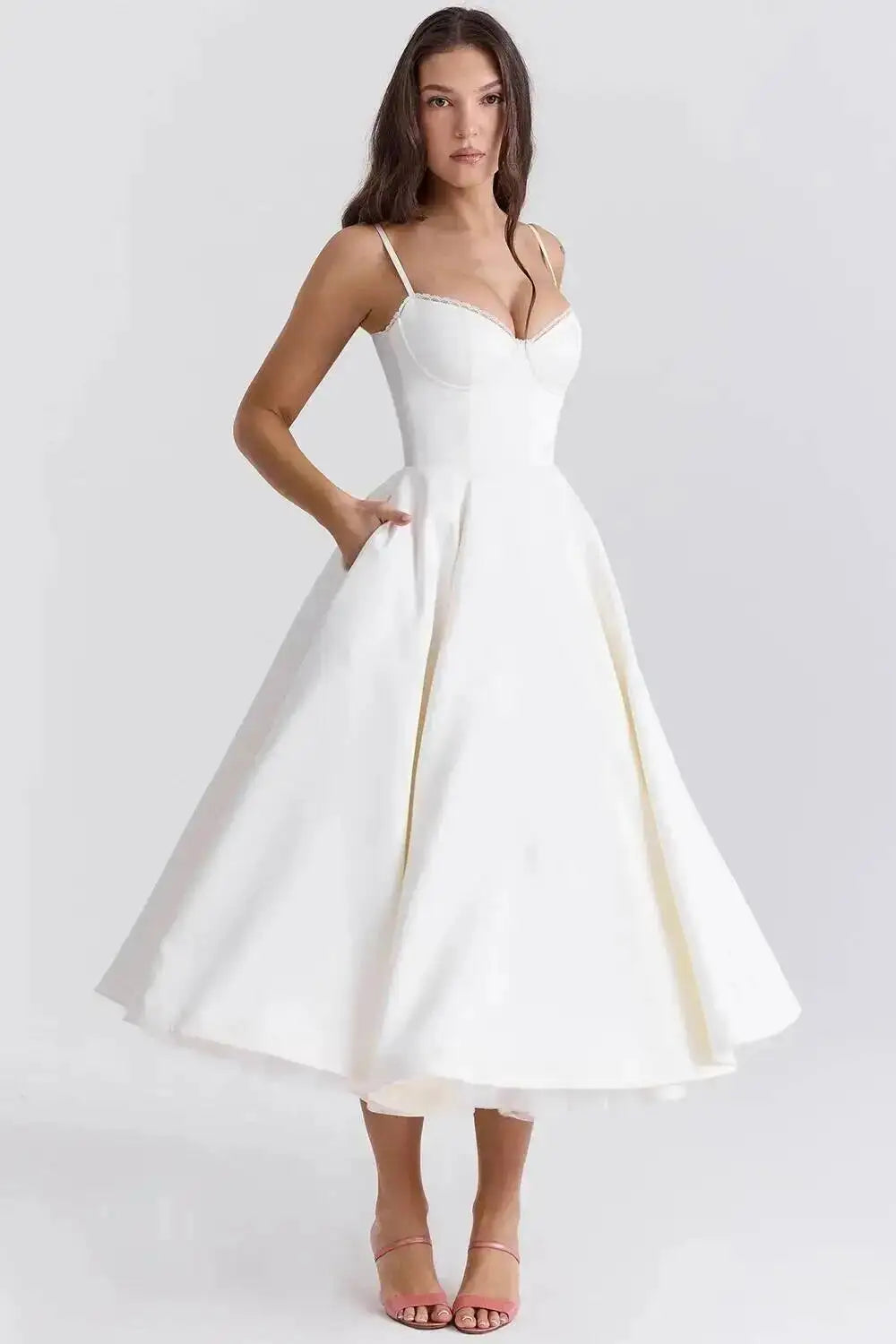 Satin Strapless Midi Dress for Women – Waist Cinching Party Dress
