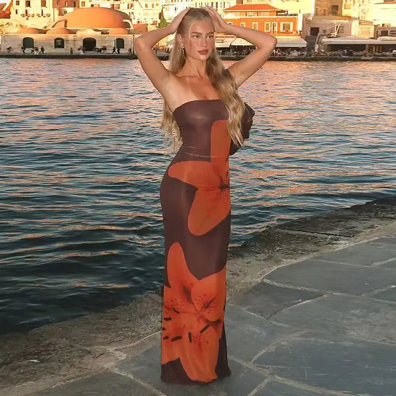 Floral Print Strapless Backless Maxi Dress for Women – Summer Beach Holiday Dress