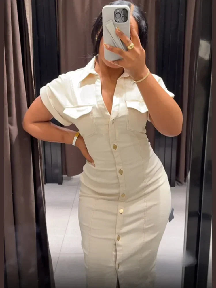 Denim Shirt Dress for Women – Short Sleeve Button-Down Midi Dress