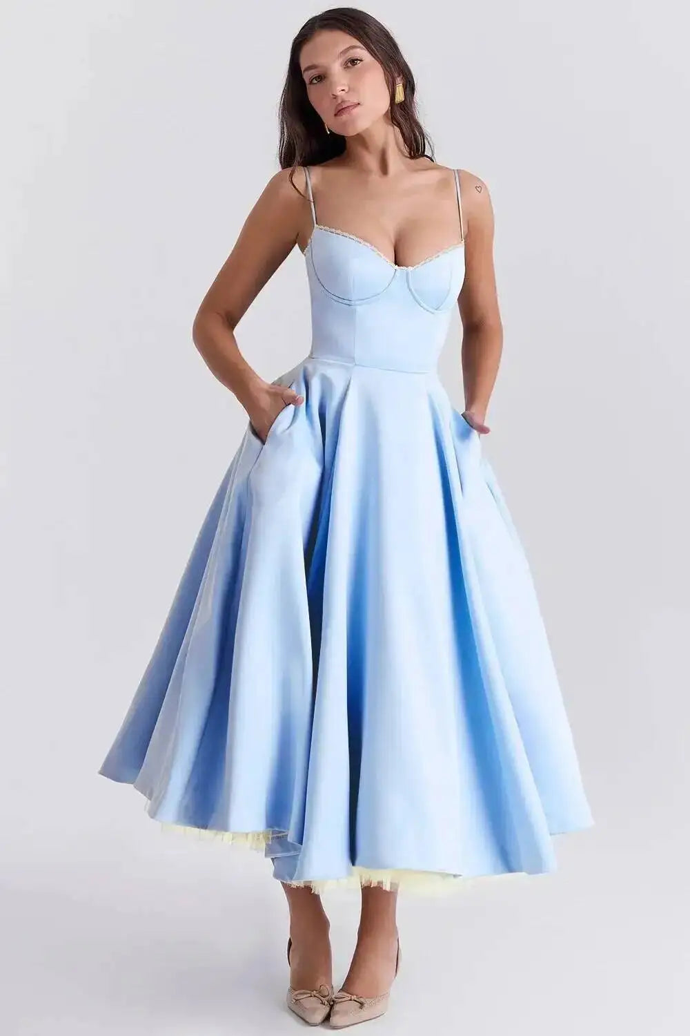 Satin Strapless Midi Dress for Women – Waist Cinching Party Dress