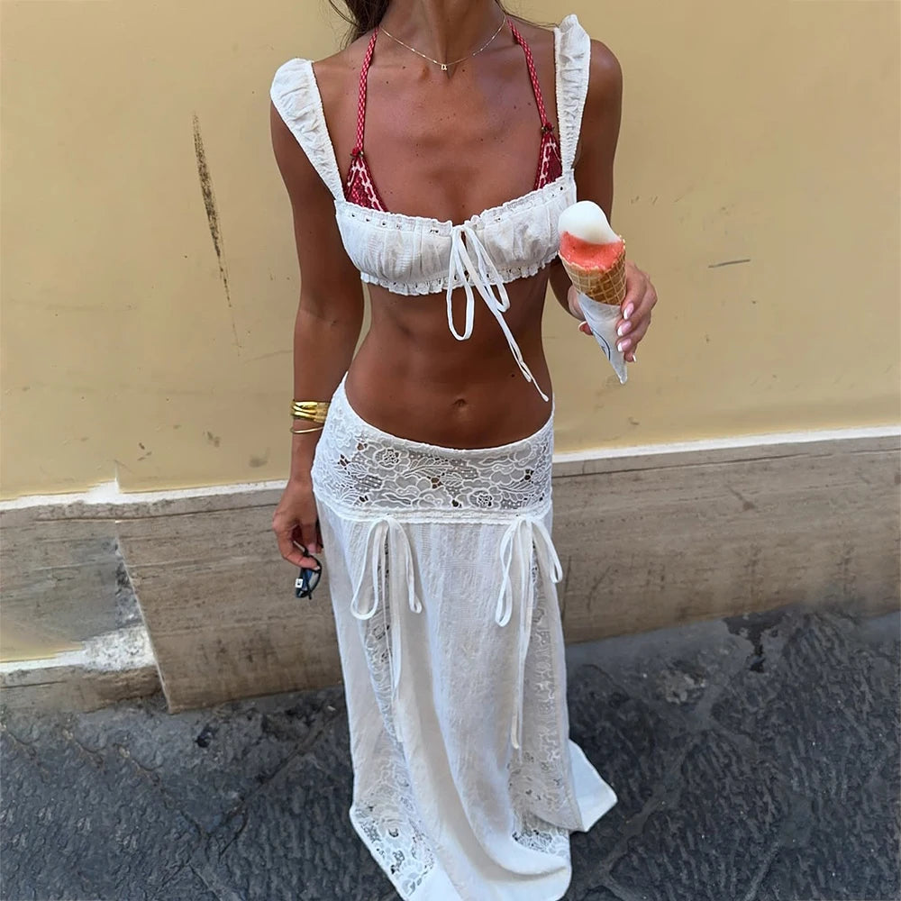 Boho Lace Crop Top and Maxi Skirt Set for Women – Square Neck Two-Piece Vacation Outfit