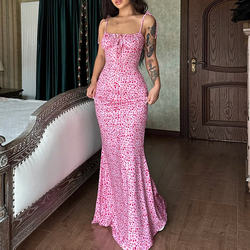 Floral Lace-Up Backless Maxi Dress for Women – Spaghetti Strap Knit Beach Dress