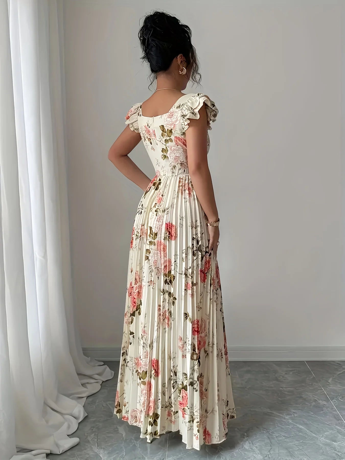 Floral Pleated Ruffle Midi Dress for Women – Square Neck High Waist Party Dress