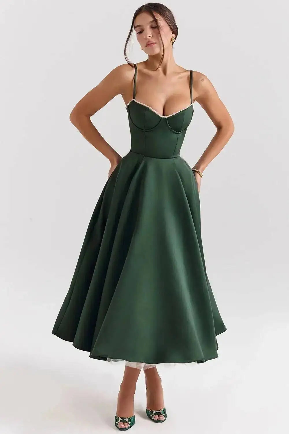 Satin Strapless Midi Dress for Women – Waist Cinching Party Dress