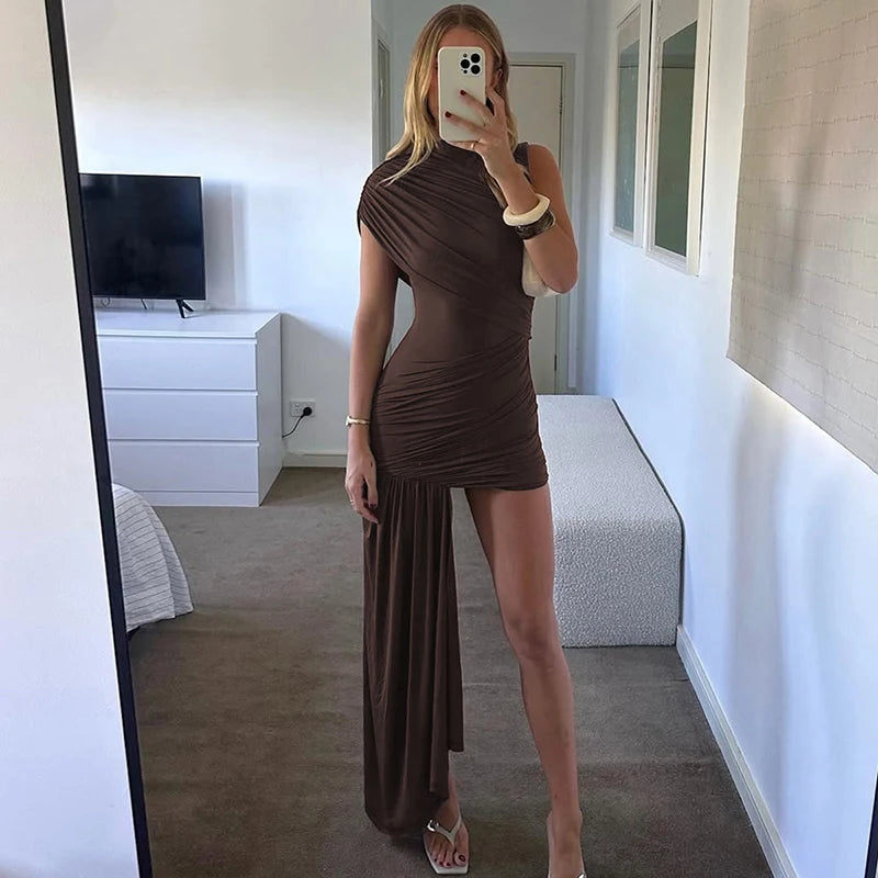 Draped Ruched Turtleneck Mini Dress for Women – Sleeveless Bodycon Party Dress