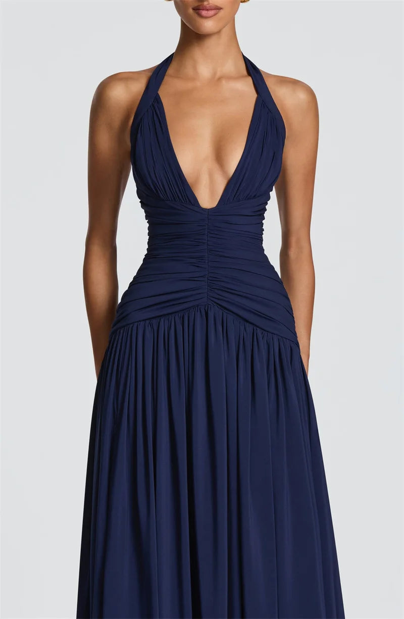 Halter V-Neck Pleated Maxi Dress for Women – Off-Shoulder High Split Evening Gown